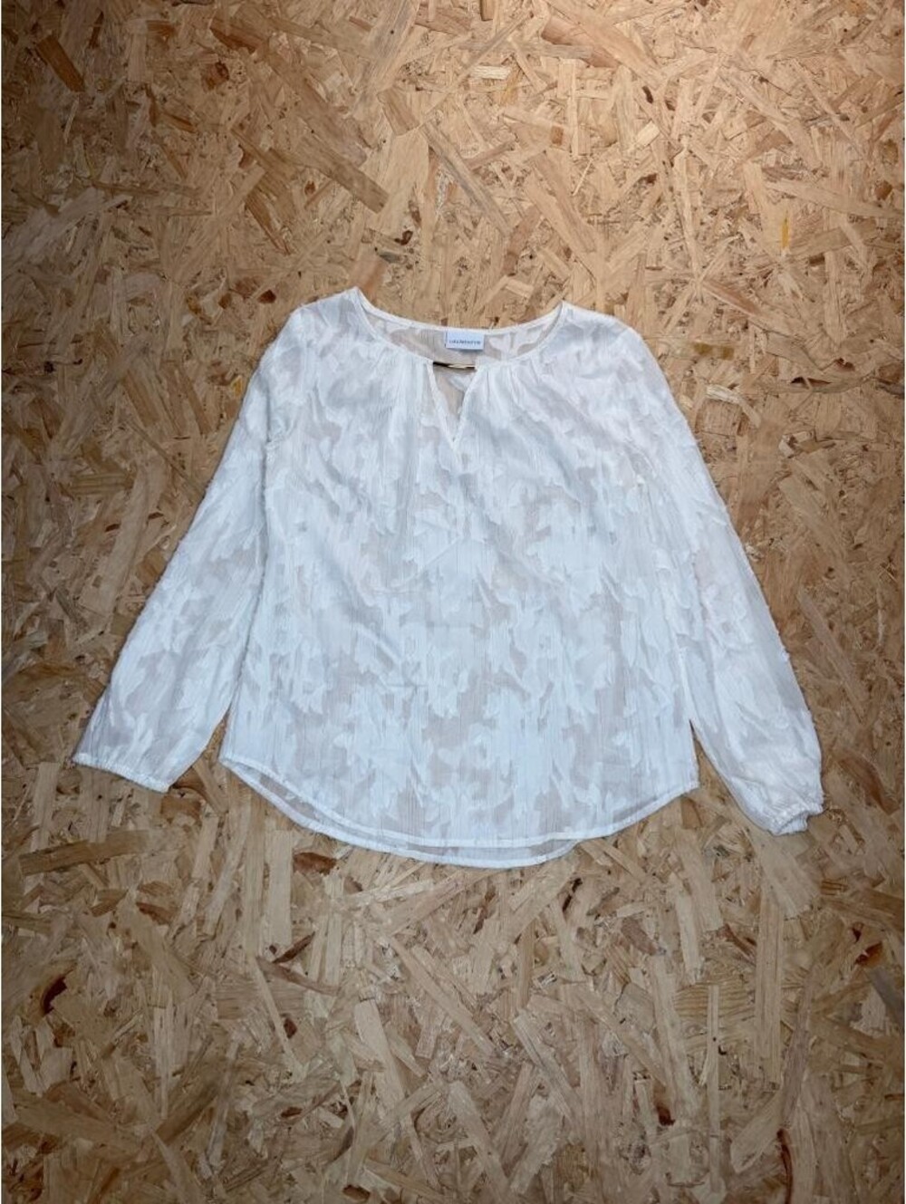 Liz Claiborne Blouse Womens Medium White Long Sleeve Sheer Textured Keyhole Top